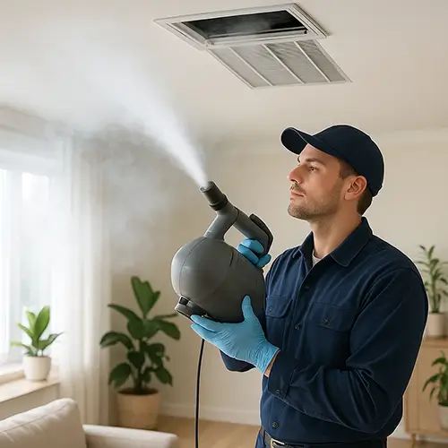 Homeowner replacing air filter and vacuuming vent near floor to keep indoor air fresh between professional duct cleanings.